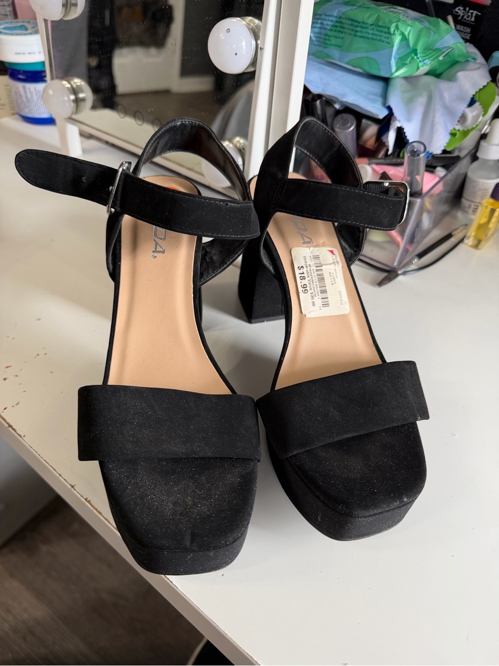 Black Suede Block Heel Sandals with Ankle Strap